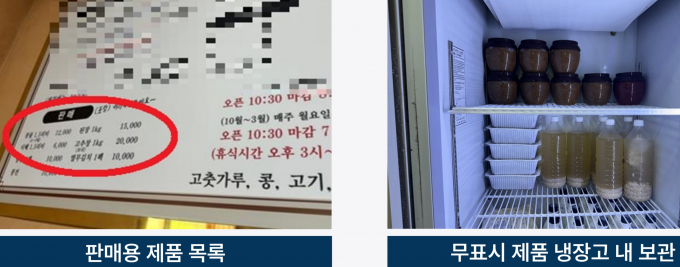 표시 의무사항인 제품명, 소비기한 등의 표시가 전혀 없는 된장 등을 판매히기 위한 보관한 한 없소의 냉장고 모습. 사진제공=경기도