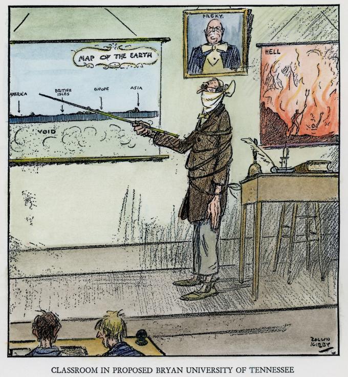 '스콥스 재판'을 묘사한 삽화. (출처: Rollin Kirby, Classroom in Proposed Bryan University of Tennessee, 삽화(1925), Wikimedia Commons, Public Domain Dedication)