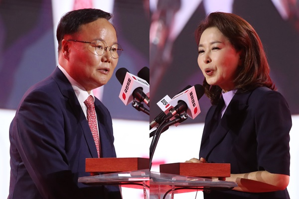 김재원·김민전 국민의힘 최고위원이 한동훈 국민의힘 대표가 제안한 제3자 채상병 특검법에 대해 당대표가 정할 사안은 아니라고 말했다. 사진은 김재원(왼쪽)·김민전 최고위원이 23일 경기 고양시 일산서구 킨텍스에서 열린 제4차 전당대회에서 수락 연설을 하는 모습. /사진=뉴스1