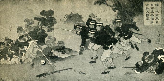 청일전쟁을 묘사한 그림. (출처: Toshikata Mizuno, 회화(1894), Wikimedia Commons, Public Domain)