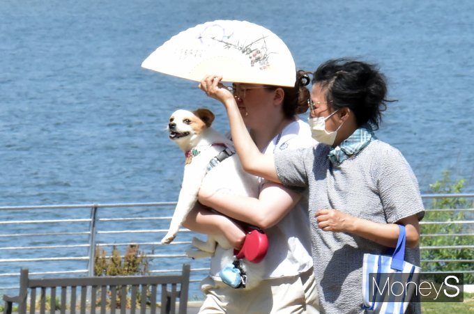 전국이 26일 체감온도가 최고 35도 이상 올라 무척 더울 전망이다. 사진은 지난달 13일 서울 여의도 한강시민공원에 산책을 나온 시민. /사진=임한별 기자