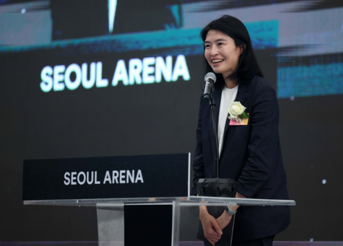 정신아 카카오 대표가 지난 2일 서울 도봉구 창동 소재 복합문화시설 서울아레나 공사 현장에서 열린 착공식에서 환영사를 하고 있다. /사진=뉴스1