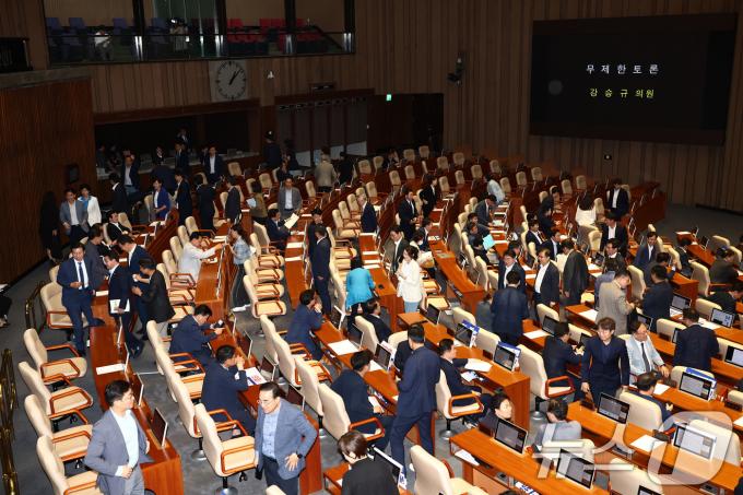 [사진] 여당 3차 필리버스터에 자리 떠나는 야당 의원들