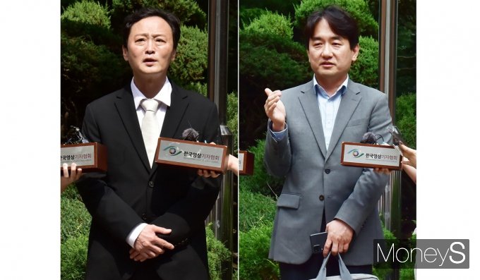 류광진 티메프 대표(왼쪽)와 류화현 위메프 대표가 2일 오후 서울 서초구 회생법원에서 진행되는 기업회생 심문기일 출석에 앞서 취재진의 질문에 답하고 있다. /사진=임한별 기자