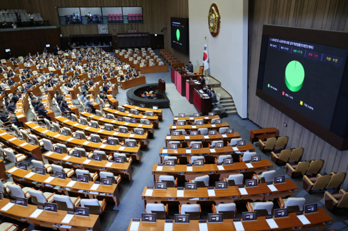 5일 오후 서울 여의도 국회에서 열린 제417회(임시회) 제1차 본회의에서 노동조합 및 노동관계조정법 일부개정법률안(노란봉투법)이 재적300인 중 재석 179인, 찬성 177인, 반대 2인으로 통과됐다. / 사진=뉴시스 조성우 기자 /사진=조성우