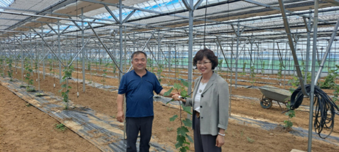 스마트 시설 점검 사진, 왼쪽부터 농업기술센터 김인숙 기술보급과장, 서탄면 보조사업자 김장원. / 사진제공=평택시