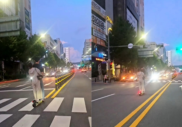 한 온라인 커뮤니티에 '지금까지 본 것 중에 역대급'이라는 제목의 글이 올라왔다. 사진은 전동 킥보드를 타고 역주행하는 남녀의 모습. /사진=온라인 커뮤니티 캡처