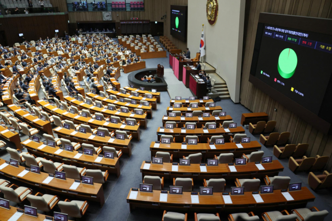 지난 5일 오후 서울 여의도 국회에서 열린 제417회(임시회) 제1차 본회의에서 노동조합 및 노동관계조정법 일부개정법률안(노란봉투법)이 재적300인 중 재석 179인, 찬성 177인, 반대 2인으로 통과됐다. / 사진=뉴시스 조성우 기자 