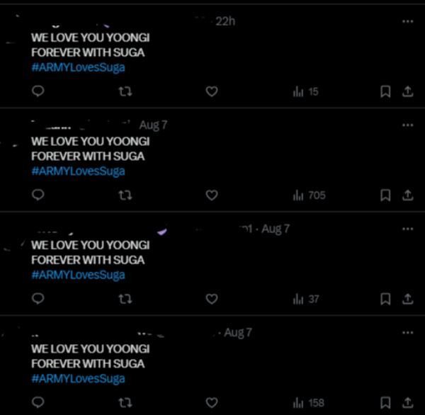 슈가를 응원하는 해외 누리꾼들의 'ARMYLovesSuga' 해시태그./사진=X