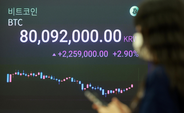  롤러코스터 장세를 보이는 비트코인에 대해 전문가는 단기적인 변동성이라고 말한다. 사진은 8000만원대에 거래되고 있는 지난 6일 서울 강남구 업비트 고객센터 전광판에 비트코인 가격 정보가 나오고 있는 모습. /사진=뉴시스 