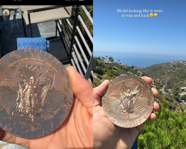 미국 스케이트보드 선수 나이자 휴스턴은 자신의 인스타그램을 통해 자신이 받은 동메달의 일부분이 벗겨지고 깨져있다고 주장했다. /사진=나이자 휴스턴 인스타그램