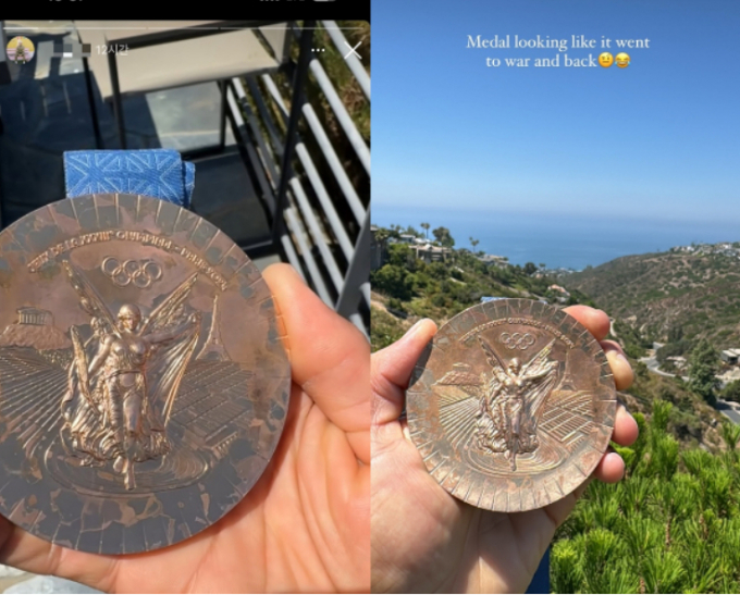파리올림픽 조직위원회가 손상된 메달을 교체해 주겠다고 밝혔다. 사진은 미국 스케이트보드 선수 나이자 휴스턴이 자신의 인스타그램을 통해 공개한 손상된 동메달. /사진=나이자 휴스턴 인스타그램