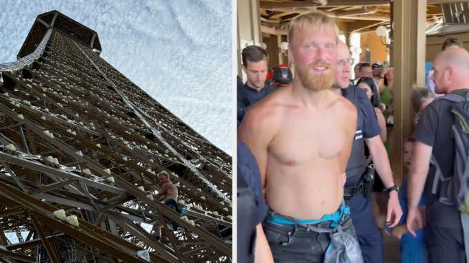 2024 파리올림픽 폐막을 앞두고 한 남성이 맨몸으로 에펠탑을 오르는 기행을 벌였다 경찰에 체포됐다. 사진은 지난 11일(현지시각) 프랑스 파리 에펠탑에 오르다 체포된 남성. /사진=엑스(X옛 트위터) 캡처