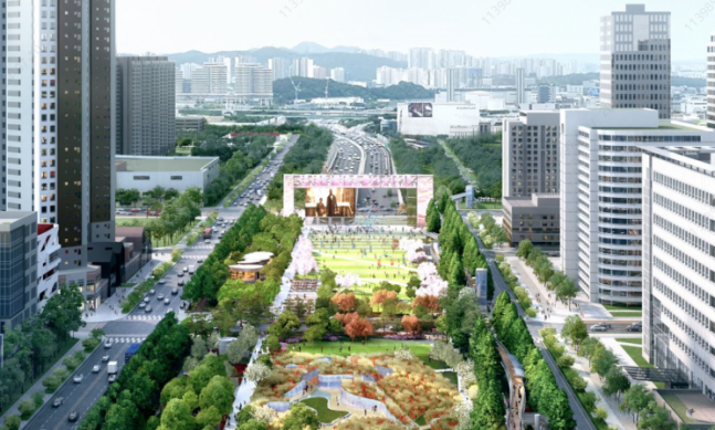 경부고속도로 동탄 지하화 구간 상부에 들어설 공원 조감도. 축구장 12개 크기의 선(線)형 공원으로 조성된다. / 이미지제공=화성시