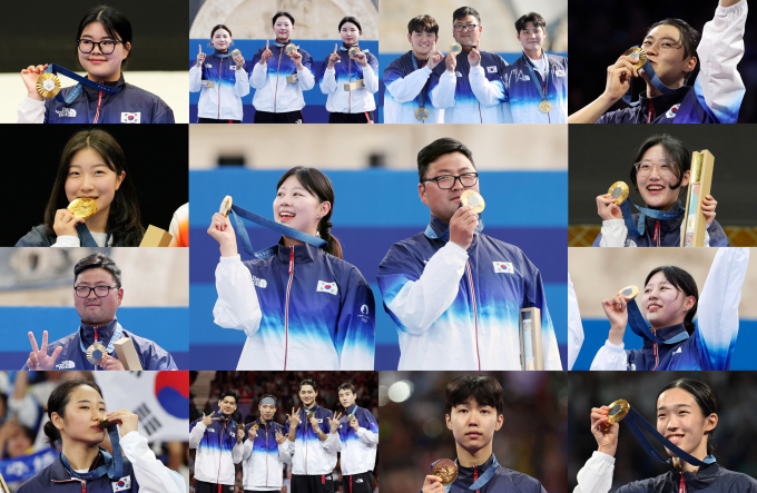파리 올림픽 한국 금메달리스트. 사진 중앙은 양궁 임시현과 김우진. 맨 왼쪽 상단부터 시계방향으로 사격 여자 10m 공기권총 오예진, 양궁 여자 단체 임시현·전훈영·남수현, 양궁 남자 단체 김우진·김제덕·이우석, 펜싱 남자 사브르 개인 오상욱, 사격 여자 권총 25m 양지인, 양궁 여자 개인 임시현, 태권도 여자 57kg급 김유진, 태권도 남자 58kg급 박태준, 펜싱 남자 사브르 단체 오상욱·구본길·박상원·도경동, 배드민턴 여자 단식 안세영, 양궁 남자 개인 김우진, 사격 여자 10m 공기소총 반효진. /사진= 뉴시스