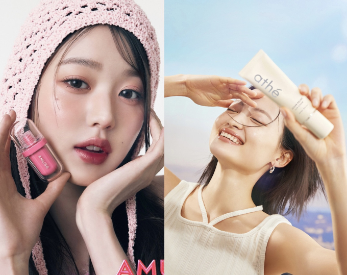 의류 업계가 포트폴리오 강화 등을 목적으로 화장품 사업을 키워가고 있다. 사진은 가수 장원영(왼쪽)이 신세계인터내셔날이 최근 인수한 어뮤즈 제품을 들고 있는 모습과 LF 화장품 브랜드 '아떼'의 자외선 차단 제품. /사진=신세계인터내셔날·LF