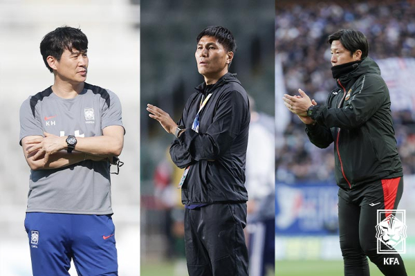 대한축구협회(KFA)는 16일 국내파 코칭스테프를 발표했고 외국인 코칭스태프에 대한 협상이 막바지에 접어들었음을 알렸다. 사진은 왼쪽부터 박건하 전 수원 삼성 감독, 김동진 킷치SC 감독대행, 김진규 FC서울 전력강화실장. /사진=대한축구협회(KFA) 제공
