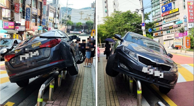 초보운전자가 운전하는 것으로 보이는 차량 한대가 인도 한복판에 볼라드(길막뚝) 위에 선 채로 발견됐다. 사진은 지난 15일 온라인 커뮤니티 보배드림에 올라온 사진. 사진=보배드림 캡처