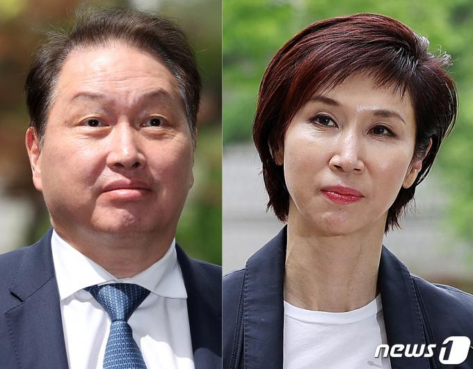 최태원 SK그룹 회장(왼쪽)과 노소영 아트센터 나비 관장이 지난 4월 서울 서초구 고등법원에서 열린 이혼 관련 항소심 변론기일에 출석하며 취재진 질문에 답하고 있다. 2024.4.16/뉴스1 ⓒ News1 박지혜 기자