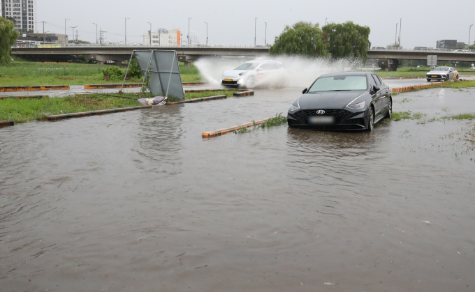 제9호 태풍 종다리로 인해 전국 곳곳에서 침수 피해가 발생했다. 사진은 지난 5일 폭우에 불어난 대전 유등천 하상도로가 일부 침수된 모습. /사진=뉴스1