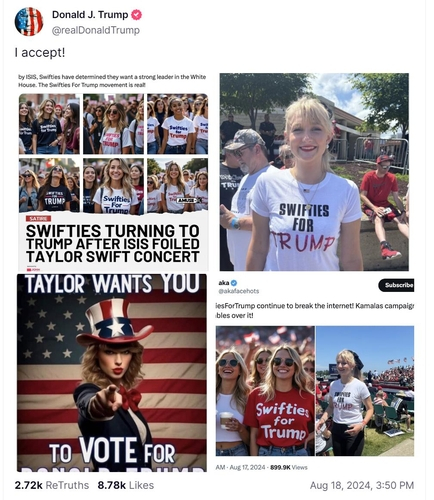 도널드 트럼프 미 대선 후보가 인기가수 테일러 스위프트를 합성한 사진을 이용해 논란이다. 사진은 AI로 만들어진 가짜 이미지를 업로드한 트럼프의 SNS 게시물. /사진=도날드 트럼프 사회관계망서비스(SNS) 트루스 소셜 캡쳐