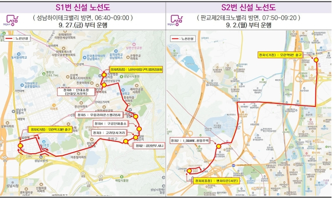 성남시가 신설하는 출근전용 급행 버스 S1·S2 노선도. / 자료제공=성남시