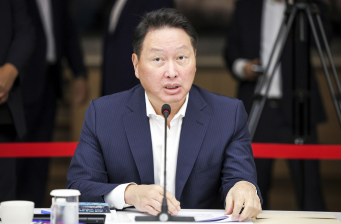 최태원 대한상공회의소 회장이 23일 서울 중구 대한상공회의소에서 열린 사회적 대화를 위한 국회의장-대한상의 간담회에서 인사말을 하고 있다. / 사진=뉴시스 정병혁 기자 