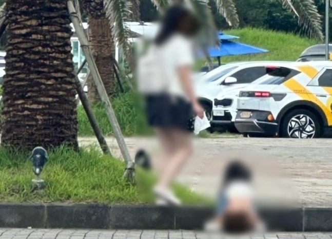 제주 야외 주차장에서 용변 보는 아이와 휴지들고 기다리는 엄마가 포착됐다.