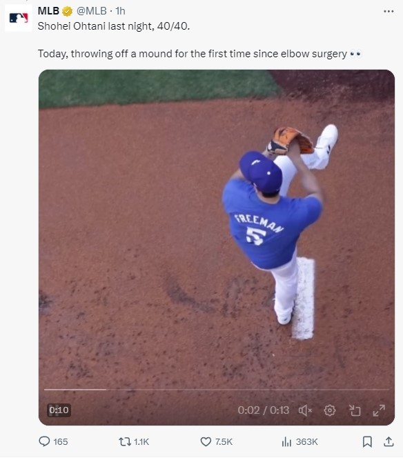 오타니 쇼헤이가 팔꿈치 수술 이후 처음으로 마운드에서 공을 던졌다. (MLB X 캡처)