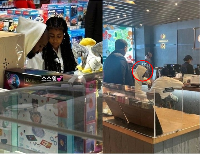 미국 힙합 가수 칸예 웨스트가 지난 23일 내한 공연이 끝나고 가족들과 함께 한국 여행을 즐기는 모습이 공개됐다. 사진은 (왼쪽) 딸 노스와 서울 용산 장난감 매장을 방문한 칸예 웨스트의 모습과 (오른쪽) 서울 한강진역 인근 스타벅스를 방문한 칸예 웨스트의 모습. /사진=온라인 커뮤니티 갈무리