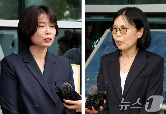 노소영 아트센터 나비 관장 측 김수정 변호사(왼쪽)와 김희영 티앤씨재단 이사장 측 배인구 변호사가 지난 22일 오후 서울 서초구 서울행정법원에서 열린 노소영 측이 최태원 SK그룹 회장의 동거인 김희영을 상대로 낸 30억 원대 위자료 소송 1심 선고 공판을 마친 뒤 입장을 밝히고 있다./뉴스1 ⓒ News1 장수영 기자