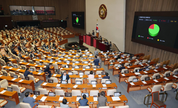 여·야가 28일 국회 본회의에서 쟁점 법안이 아닌 40여개 민생 법안을 처리한다. 사진은 지난  5일 서울 여의도 국회에서 열린 제417회(임시회) 제1차 본회의에서 이숙연 대법관 임명동의안이 통과된 모습. /사진=뉴시스