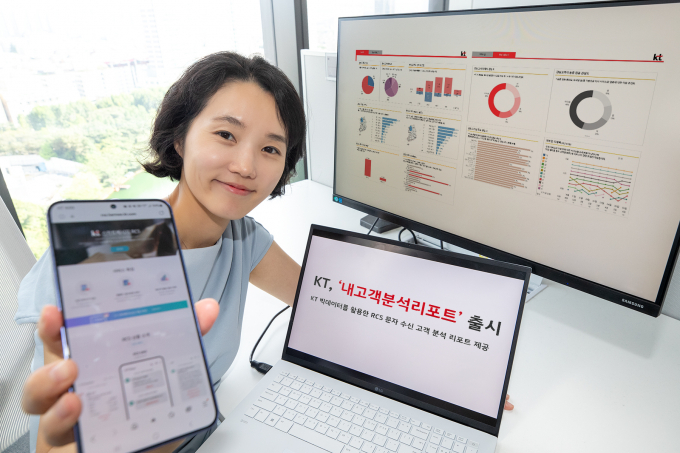 29일 KT에 따르면 RCS(Rich Communication Service)문자 수신 고객에 대한 분석 자료를 기업에게 제공하는 ‘내고객분석리포트’ 서비스를 오픈했다. 사진은 KT 직원이 내고객분석리포트 서비스 오픈을 소개하는 모습. /사진=KT제공