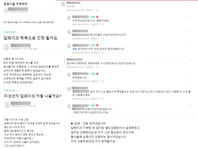 딥페이크 성범죄에 가담한 이들이 '학폭딥페이크대책본부'를 통해 가해 정보를 공유하고 자문을 시도한 경황이 포착돼 논란이다. 사진은 딥페이크 대책본부에 딥페이크 범행 사실을 토로하며 상담을 원하는 사람들의 모습. /사진= 네이버 카페 '학폭딥페이크대책본부' 캡쳐