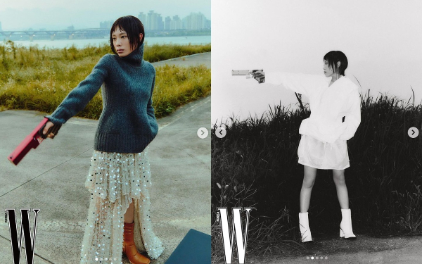 김예지의 화보는 누리꾼들의 뜨거운 반응을 이끌어냈다. 사진은 총을 들고 사격자세를 취하는 모습. /사진=더블유코리아 인스타그램