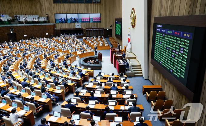 28일 오후 서울 여의도 국회에서 열린 제417회국회(임시회) 제2차 본회의에서 간호법이 재적 300인, 재석 290인 중 찬성 283인, 반대 2인, 기권 5인으로 통과되고 있다. 2024.8.28/뉴스1 ⓒ News1 안은나 기자