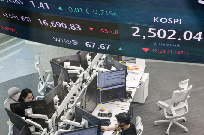  9일 오전 서울 중구 하나은행 딜링룸 전광판에 미국 나스닥 지수(왼쪽)와 함께 코스피 지수가 전일 대비 42.24포인트(1.66%) 하락한 2502.04를 나타내고 있다./사진=뉴스1 