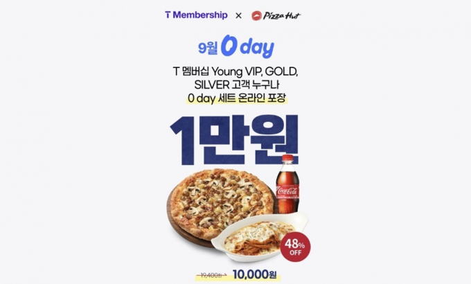피자헛이 10일 'SKT 0 day' 프로모션을 진행한다. 만 13~34세의 VIP, GOLD, SILVER 등급에 해당하는 T 멤버십 고객이 대상이며 온라인 포장 주문 시 할인 쿠폰번호를 입력하면 48% 할인 혜택이 적용된다. /사진=피자헛
