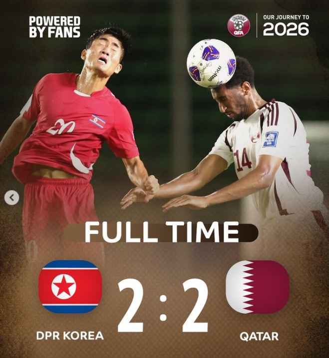 북한이 카타르를 상대로 2026 북중미월드컵 아시아지역 3차예선 홈경기에서 2-2 무승부를 기록했다. /사진=카타르축구협회 공식 인스타그램