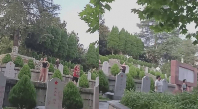중국 여성들이 참전용사 묘지에서 음악을 틀고 춤을 추는 모습이 공개돼 질타를 받고 있다. /사진=사회관계망서비스(SNS) 캡처