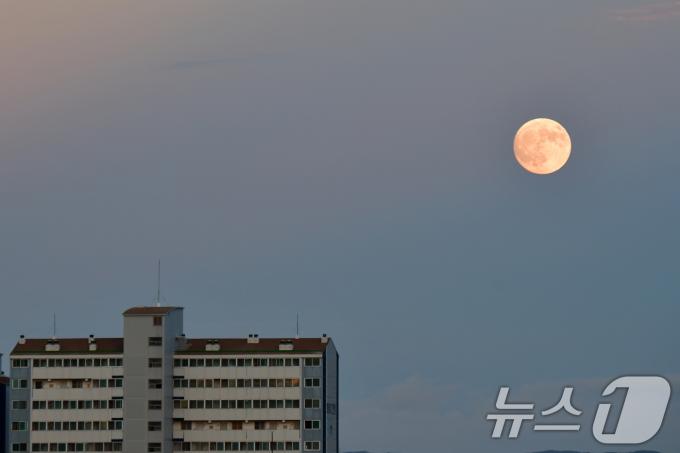 추석인 17일 오후 경북 포항시 북구 아파트 단지 뒷편으로 둥근 보름달이 떠오르고 있다. 2024.9.17/뉴스1 ⓒ News1 최창호 기자