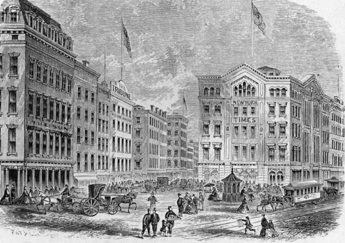 미국 뉴욕 신문 거리의 뉴욕타임스 본사(오른쪽 건물). (출처: James D. McCabe, 삽화(1872), Wikimedia Commons, Public Domain)