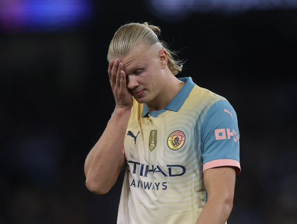 지난 18일(현지시각) 맨체스터 시티가 인터밀란과의 챔피언스리그 첫 경기에서 0-0 무승부를 기록했다. 사진은 이날 득점에 실패한 엘링 홀란의 모습. /사진=로이터
