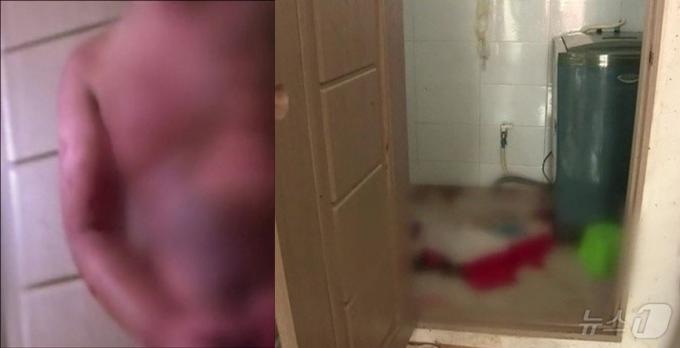 공부에 집중하지 않는다면 끊임없이 폭행을 당한 과외제자는 온몸이 멍투성이었다. 오른쪽은 끓는 물에 전신 3도 화상을 입고 쓰러진 원룸 화장실. (SBS 갈무리)  ⓒ 뉴스1