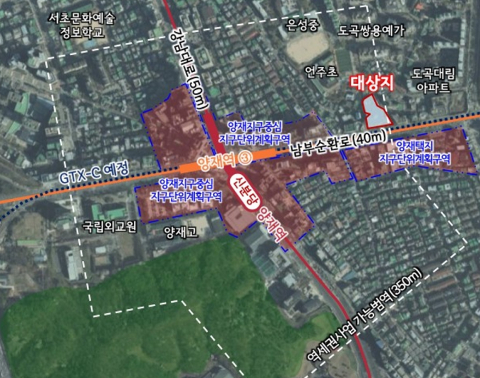 서울 지하철 양재역 인근에 일자리 중심 복합거점이 들어선다. 사진은 사업 위치도. /사진=서울시