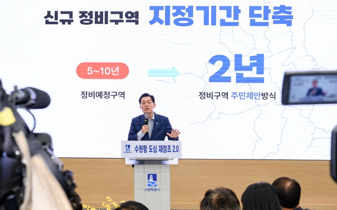 이재준 수원시장이 신규 정비구역 지정기간을 2년으로 단축하는 '정비구역 주민제안 방식' 도입을 밝히는 모습.