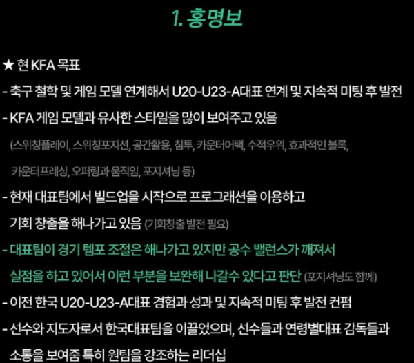 KFA가 제출한 보고서에 담긴 내용이 논란을 일으켰다. 사진은 홍 감독에 대한 평가 정리본. /사진=인스타그램 캡처
