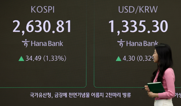 코스피가 상승세를 보인다. 사진은 26일 오전 서울 중구 하나은행 딜링룸 전광판에 지수가 표시되고 있는 모습. /사진=뉴시스 