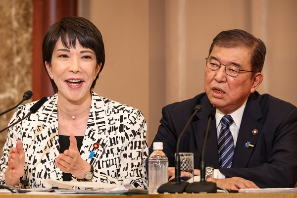 일본 집권 자민당 총재선거 1차 투표에서 1위에 오른 다카이치 사나에 경제안보상(63)과 2위를 기록한 이시바 시게루 전 간사장(67)이 결선에 올랐다. 사진은 지난 14일 일본 도쿄 기자클럽에서 열린 자민당 총재선거 후보 토론회에 참석한 다카이치(왼쪽)와 이시바의 모습. /사진=로이터 