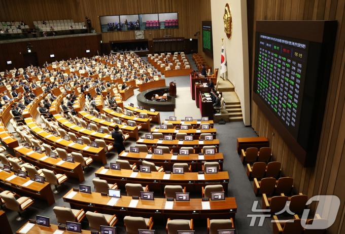 19일 오후 서울 여의도 국회에서 열린 제418회국회(정기회) 제8차 본회의에서 윤석열 대통령 배우자 김건희의 주가조작 사건 등의 진상규명을 위한 특별검사 임명 등에 관한 법률안(대안, 김건희 특검법)이 국민의힘 불참 속에 재적 300인, 재석 167인 중 찬성 167인으로 통과되고 있다. 2024.9.19/뉴스1 ⓒ News1 김민지 기자